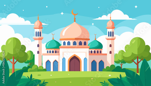 Flat design illustration of a mosque, showcasing elegant Islamic architecture with its dome and minarets, set in a serene green landscape under a clear blue sky, evoking peace
