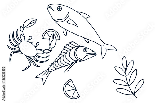 Minimalist vector illustration of assorted seafood and marine life with lemon slices and herb sprigs