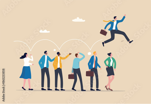 Career competition, job promotion or selfish colleagues jump over other people to get to goal, take advantage of coworker to success, selfish businessman jump over other people to achieve target