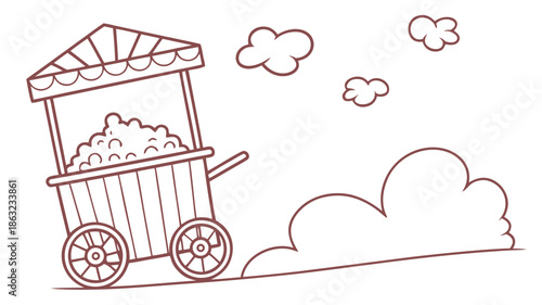 Storybook style vector illustration of a popcorn cart with clouds