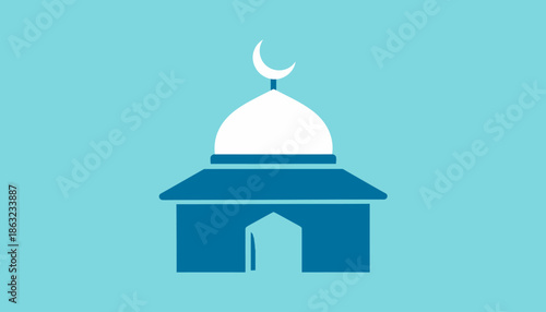 Stylized blue mosque icon featuring a prominent dome and crescent moon, symbolizing Islamic architecture and worship. Clean vector graphic for religious design elements