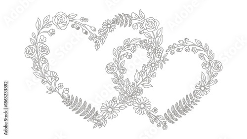 Intertwined Floral Hearts: An intricate illustration of two hearts intertwined, meticulously crafted from delicate floral elements and lush green leaves, evoking a sense of romance and connection.