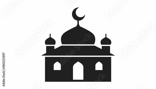 A minimalist black and white icon depicting a mosque with a dome and crescent moon, symbolizing Islamic architecture and religious places