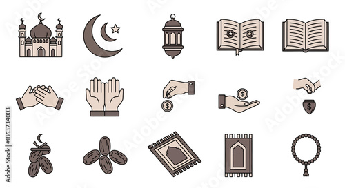 Vector illustration set of Islamic religious and cultural icons, symbolizing Ramadan, prayer, charity, and tradition with mosques, Quran, dates, and worship elements in a modern line art style