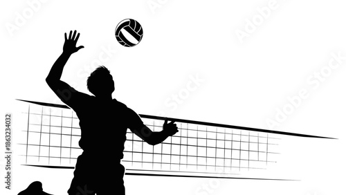 Vector illustration of a male tennis and volleyball player silhouette in action with a ball and net during a summer beach sports game
