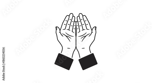Hands in Prayer" spiritual devotion illustration, symbolizing hope, gratitude, and supplication. Vector graphic of open palms for worship, blessing, and mindful contemplation