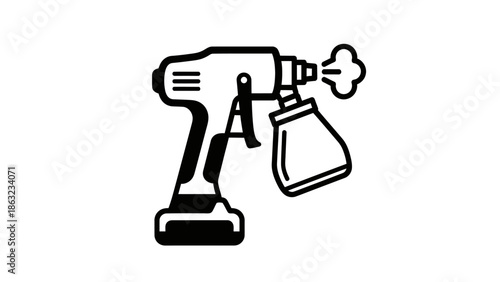 A black and white illustration of a handheld electric spray gun with a reservoir and mist coming out of the nozzle.