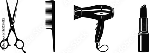 A collection of black hairstyling tools including scissors comb hair dryer and lipstick on transparent background high-quality professional detailed modern

