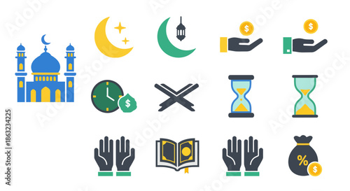 Essential Islamic Religious Symbols and Cultural Practices Flat Design Icon Set, Featuring Ramadan Concepts, Prayer, Zakat, and Mosque Elements for Digital Projects