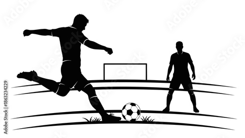 Vector illustration of a 3d silhouette of a professional male athlete football player in action kicking the ball to score a goal during a competitive sports game activity