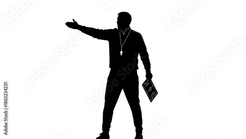 Silhouette of a male soccer player kicking a football on a white background.