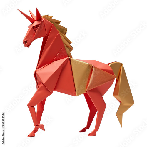 Origami horse in geometric folded style with coral red and gold on transparent background