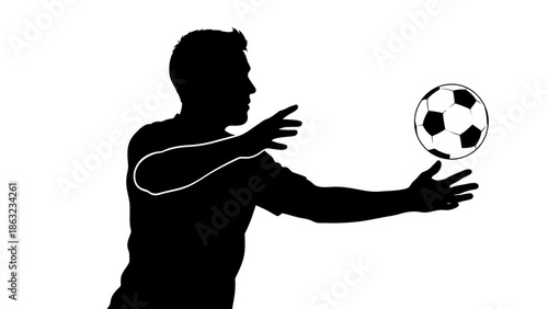 Vector illustration of a black soccer player silhouette kicking a football ball during a sport game featuring a man or boy footballer in a dynamic play pose