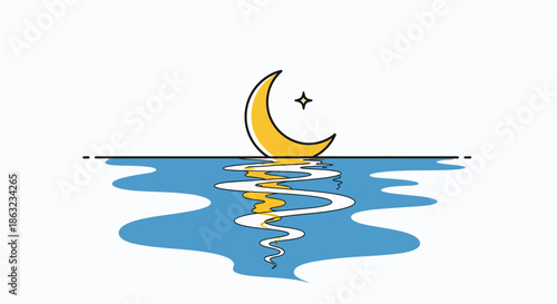 Serene Crescent Moon Reflection on Water under a Single Star