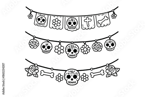 Dia de los Muertos festive banners with skulls and flowers