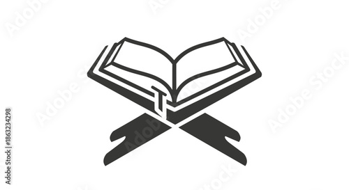 Stylized graphic icon of an open sacred book resting on a traditional reading stand, representing spirituality, ancient wisdom, and religious study