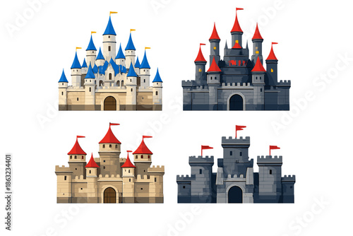 Four fantasy castles arranged in a grid with vibrant color schemes