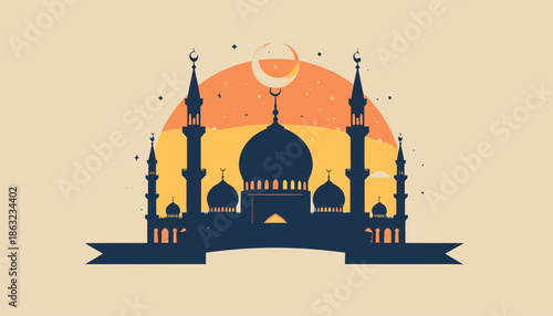 Serene Mosque Silhouette Against a Vibrant Sunset Sky with Crescent Moon and Stars, Capturing the Essence of Islamic Spirituality and Architectural Beauty
