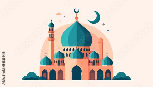 Flat design mosque illustration with prominent domes and a tall minaret under a crescent moon and stars, symbolizing Islamic architecture and spiritual heritage