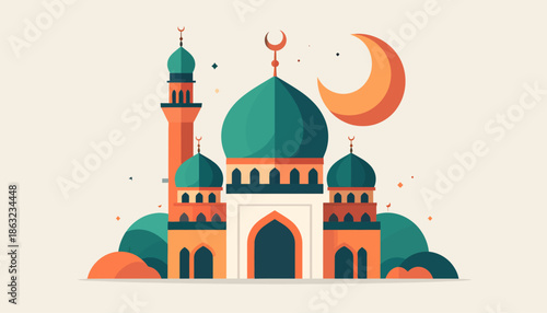 Islamic Mosques with Crescent Moon and Minarets, Symbolizing Ramadan and Eid Celebrations in a Flat Design
