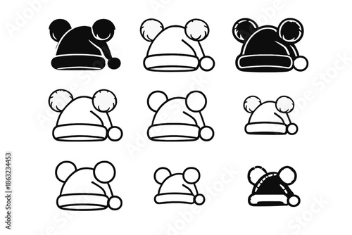 Set of nine fuzzy pom pom winter hats