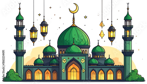 Festive Mosque Architecture Illuminated by Lanterns and Adorned with a Crescent Moon, Representing the Joy and Spirituality of Islamic Holidays and Cultural Heritage
