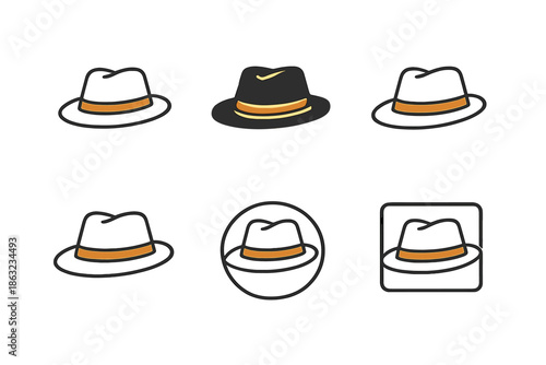 Set of Six Fedora Hat Icons on a Gradient Background