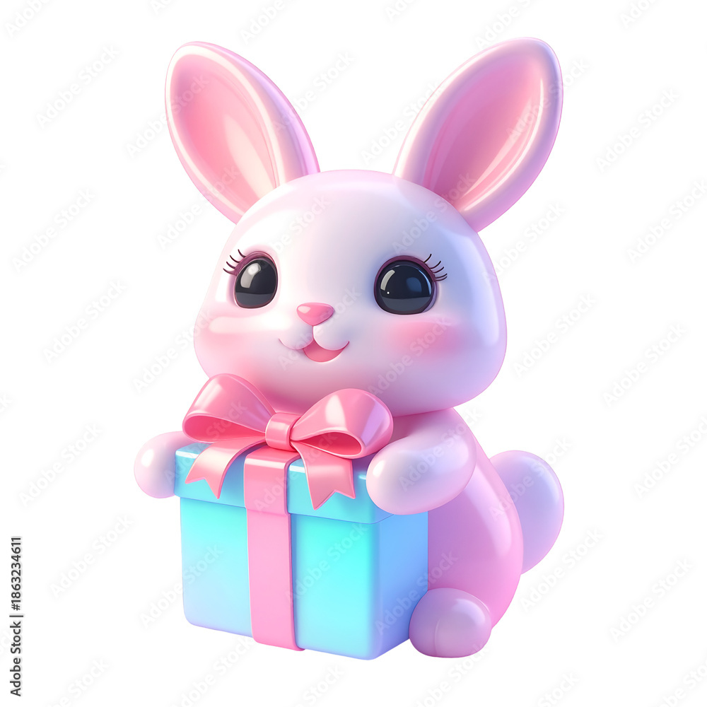 Fototapeta premium Gift-Bearing Bunny: A charming bunny, radiating joy, lovingly clutches a brightly wrapped present, its eyes filled with anticipation and delight.
