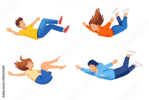 Four people falling through the air with glowing outlines
