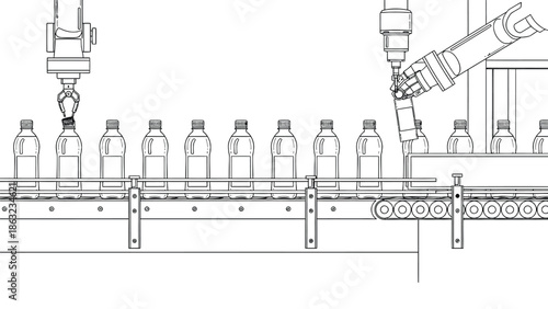 Modern factory scene showing robotic arms on a conveyor filling bottles along an assembly line. Clean, precise automation conveys efficiency, production speed, and industrial packaging in a beverage