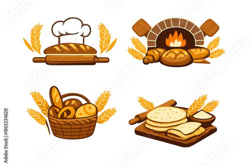Four bakery-themed graphic elements with glowing wheat stalks