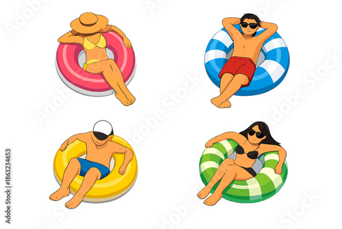 Four people relaxing on inflatable tubes in water