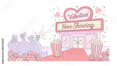Valentine's Movie Night: An illustration captures the romantic ambiance of a Valentine's movie night, with hearts and a movie theater that is now showing.