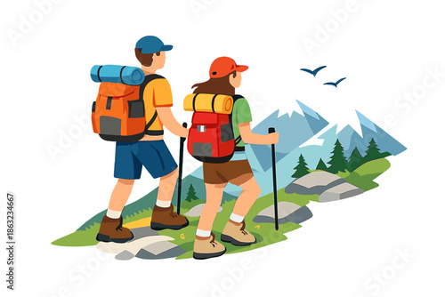 Two hikers with backpacks walking up a mountain trail