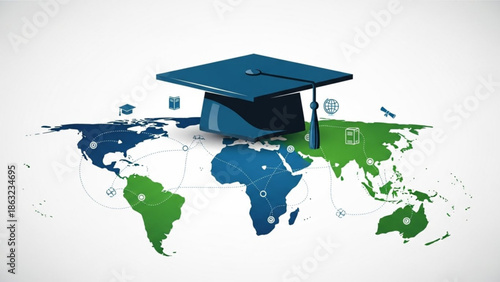Global education and graduation concept with mortarboard on world map background