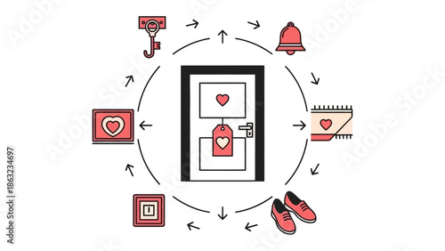 Love's Entourage: A symbolic representation of love's journey, with a heart-adorned door at the center, surrounded by elements representing key moments and steps of a relationship.