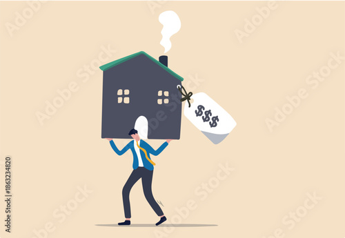 Overpay in real estate and house mortgage, too much invest or expense to pay for debt and loan in economic crisis concept, tried depressed office worker man carrying house with expensive price tag.