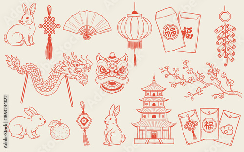 Whimsical Hand Drawn Chinese New Year Elements Set with Rabbit, Dragon, and Lanterns