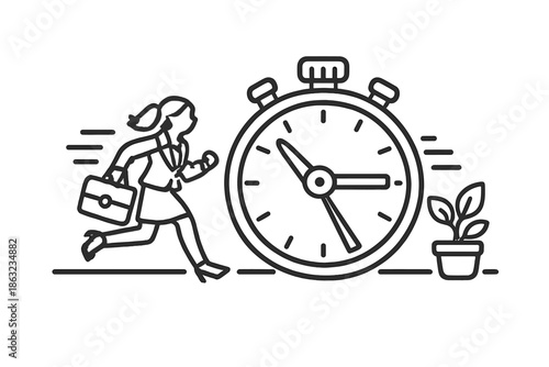 Businesswoman running with briefcase next to stopwatch and plant