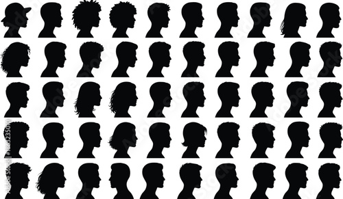 Silhouette collection of diverse male and female head profiles with various hairstyles for portrait illustration and vector design use