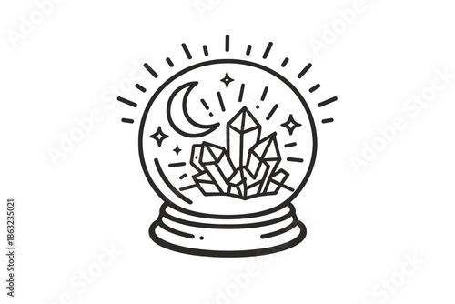 Mystical crystal ball with moon and crystals