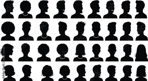 Silhouette collection of diverse male and female head profiles featuring different hairstyles and face shapes for creative vector design