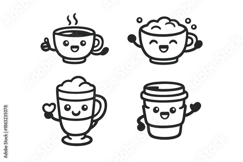 Cute coffee cups with faces and arms waving