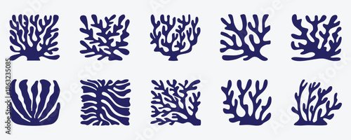 set of vector. collection of deep blue abstract marine life silhouettes featuring various coral and seaweed forms. vector style with white background