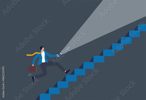 Flashlight to see opportunity, discover business way of success, challenge to find direction in the dark, leadership concept, confidence businessman with flashlight or torch running up stair. 