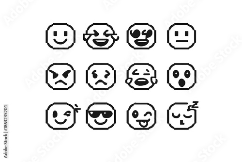 Set of twelve pixelated emoji faces on a yellow background