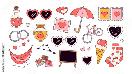 Love Collection: A curated collection of sweet and charming illustrations, featuring romantic elements such as heart-shaped sunglasses, vintage stamps, wedding rings, and more.