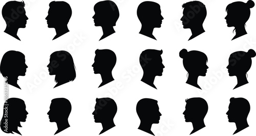 Silhouette collection of male and female head profiles showing different hairstyles and face shapes for vector portrait illustration design