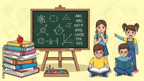 A group of children learning in a classroom with a blackboard and books education concept
