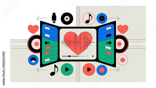 Music and Love Fusion: An illustration celebrating the synergy between music and emotions, featuring a heart-shaped sound wave at the center, surrounded by musical symbols.